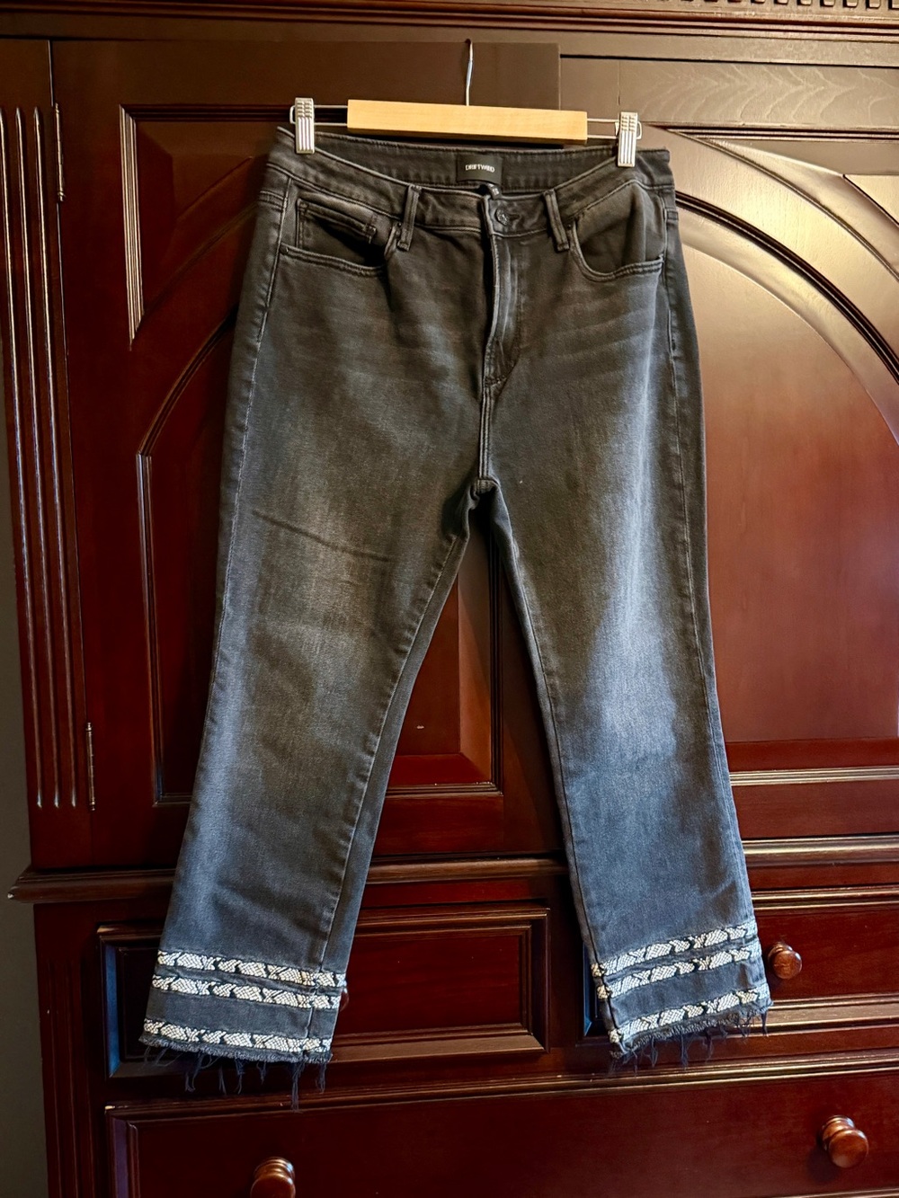 DRIFTWOOD Black Cropped Jeans with Embroidered Fringe Trim